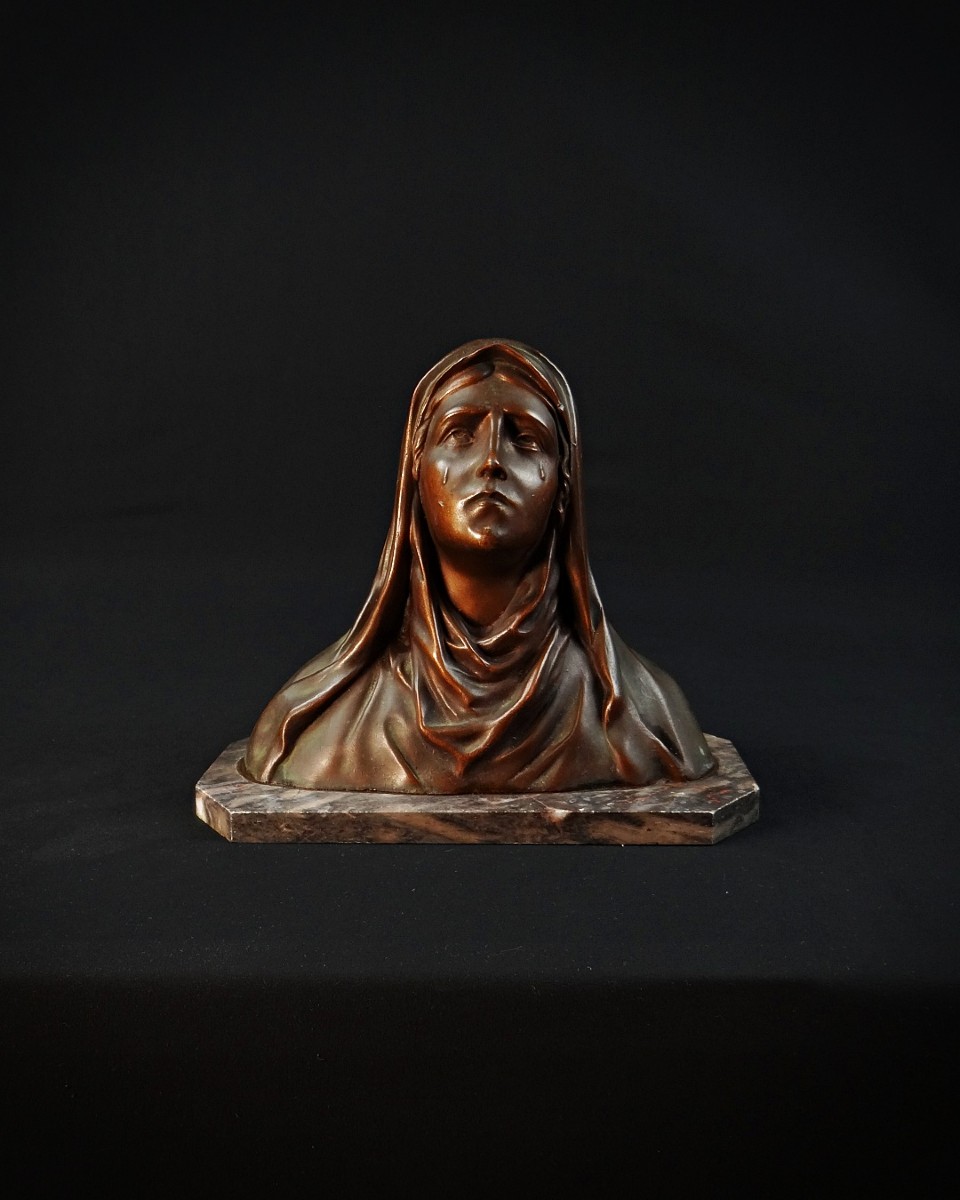 Oscar Ruffony (1874-1946) Bust Of The Weeping Virgin Mary In Spelter On Art Deco Marble