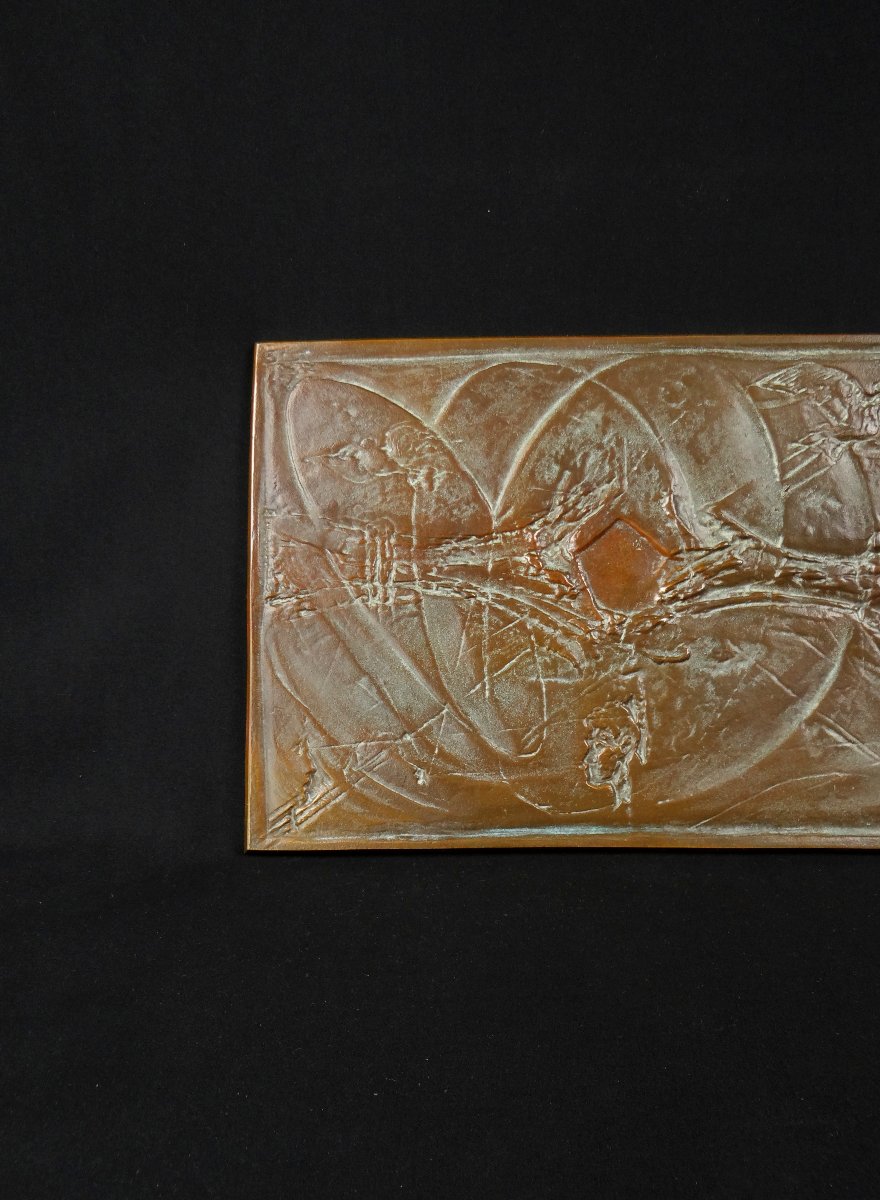 Bronze Plaque "peace" Signed Bernard Jobin, Abstract Decoration Of Doves-photo-2