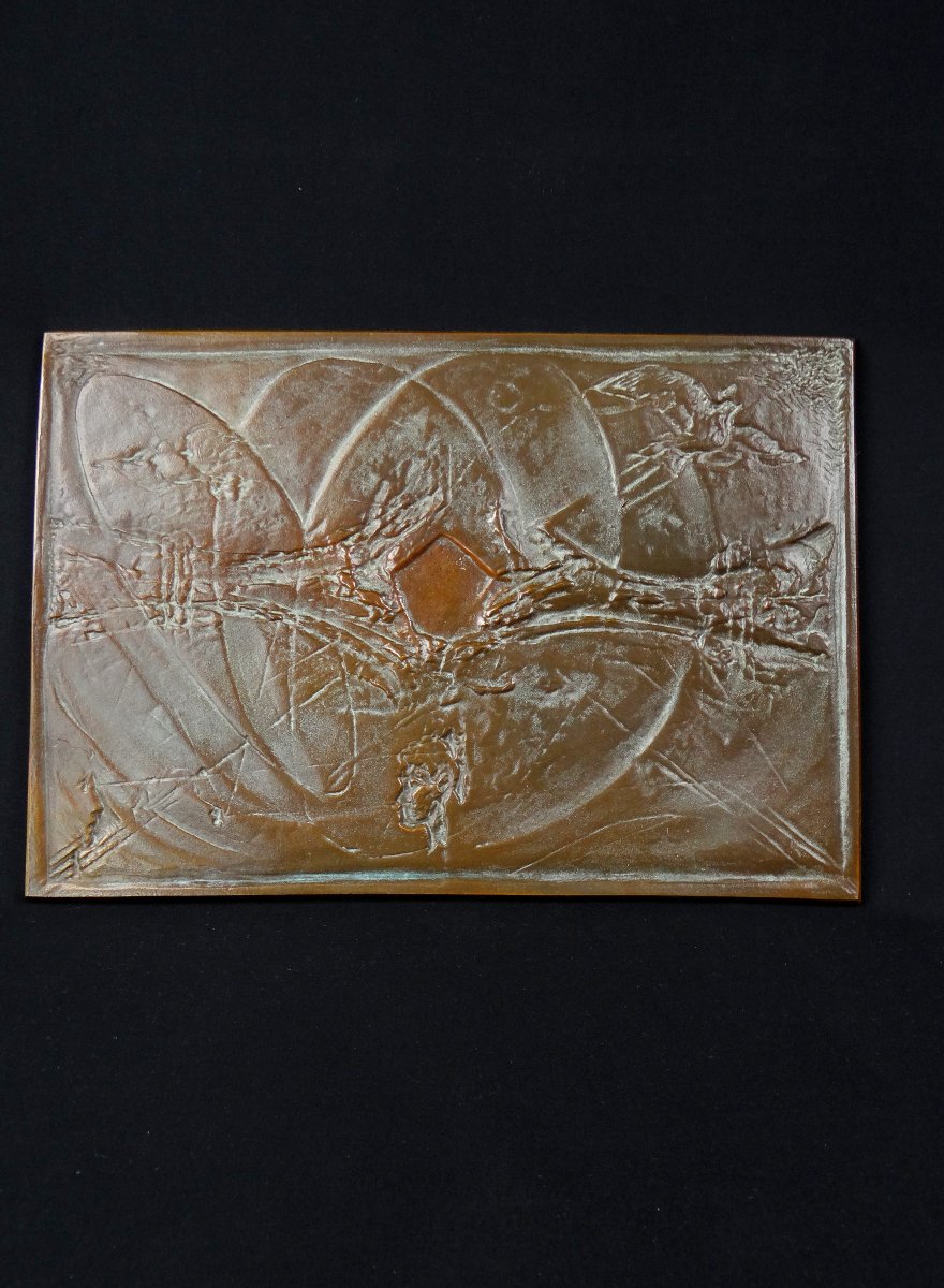 Bronze Plaque "peace" Signed Bernard Jobin, Abstract Decoration Of Doves-photo-3