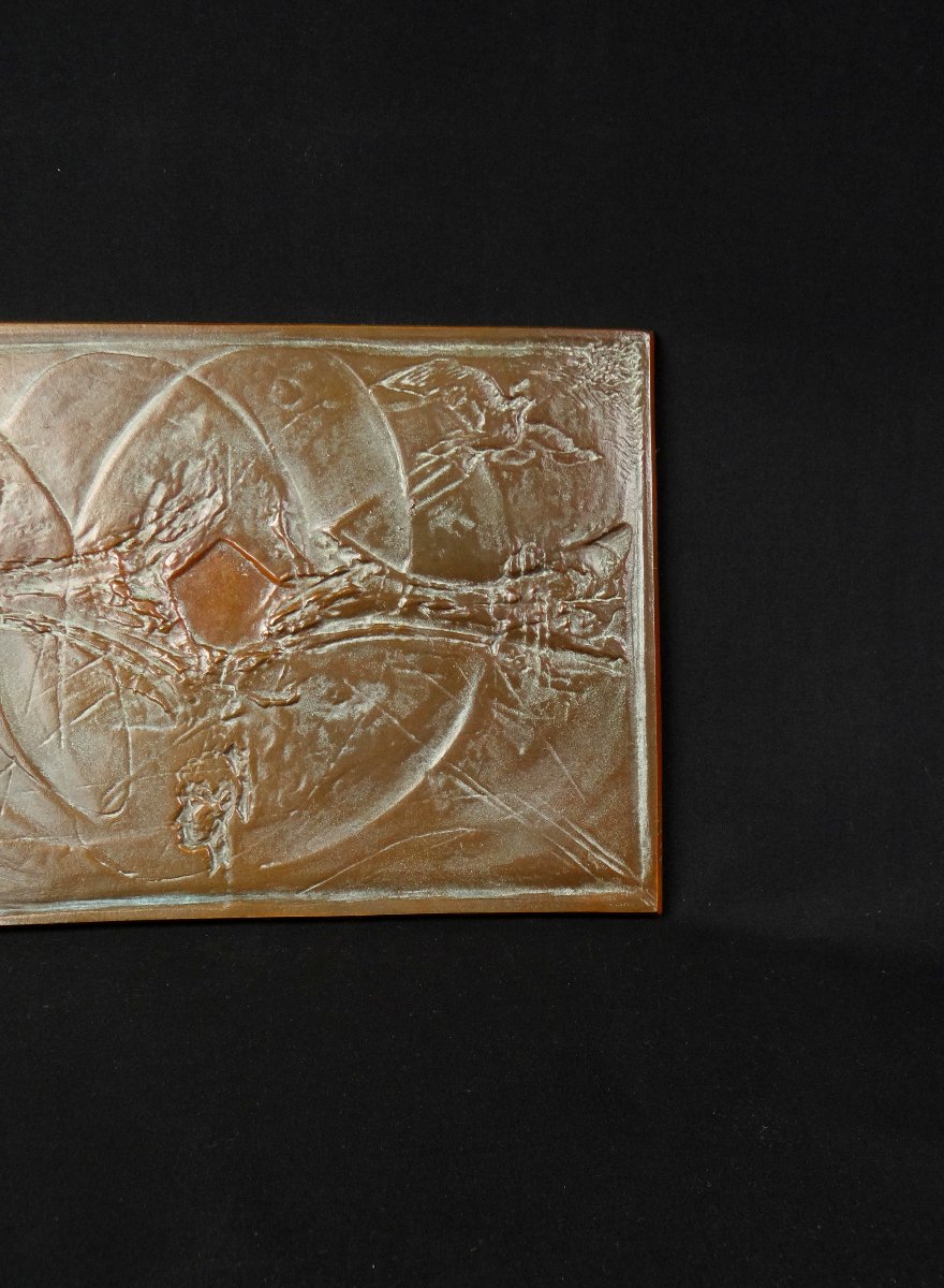 Bronze Plaque "peace" Signed Bernard Jobin, Abstract Decoration Of Doves-photo-4