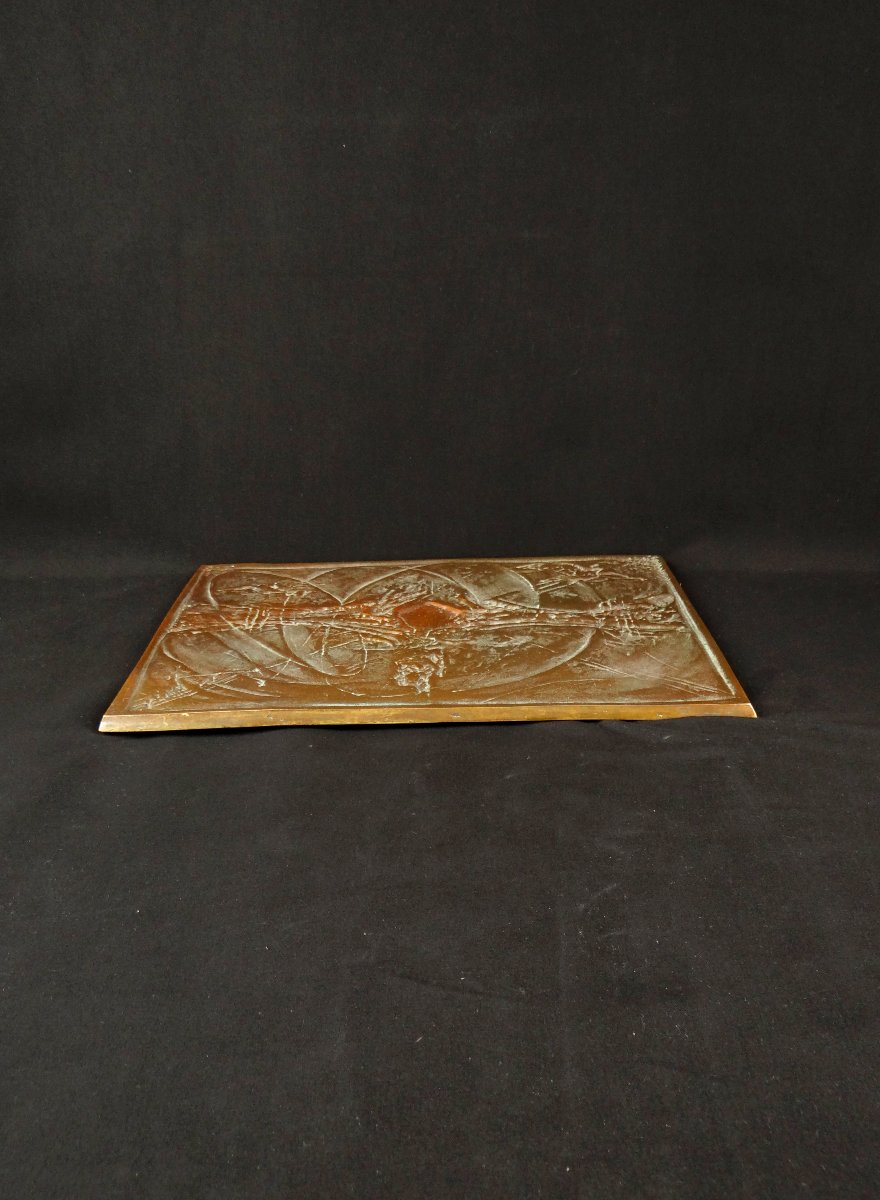 Bronze Plaque "peace" Signed Bernard Jobin, Abstract Decoration Of Doves-photo-2