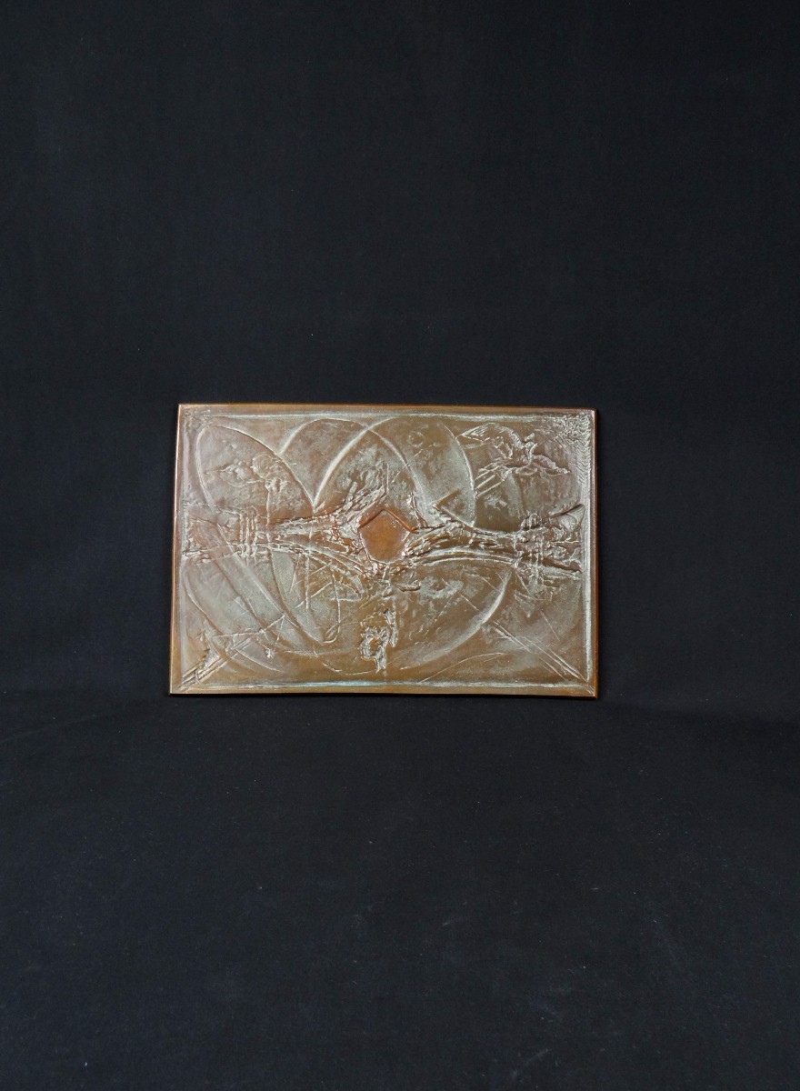 Bronze Plaque "peace" Signed Bernard Jobin, Abstract Decoration Of Doves