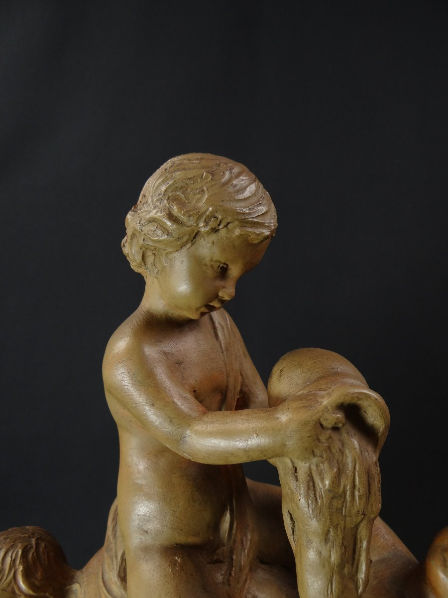 Groupe terre cuite patiné XIXème Putti jouant à la fontaine allégorie de l'eau-photo-2