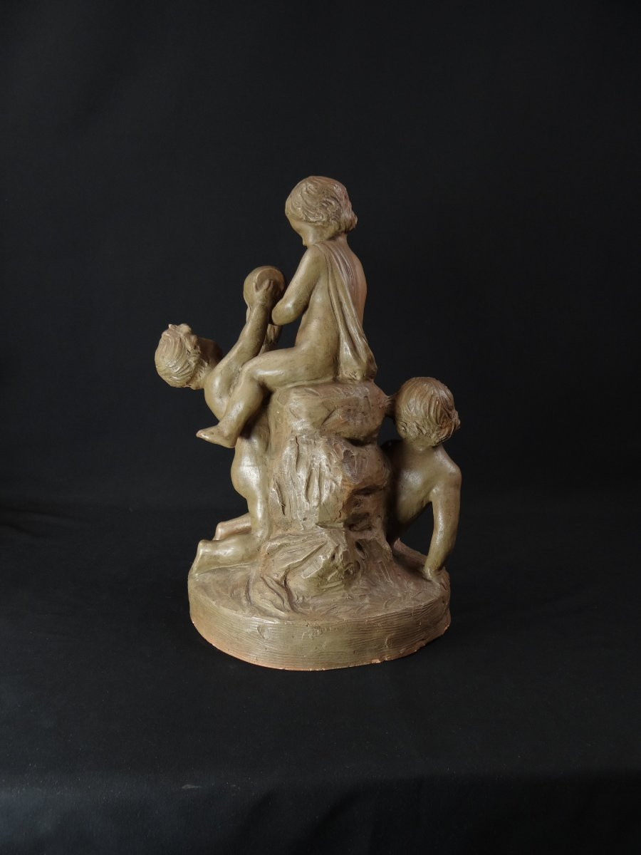 Groupe terre cuite patiné XIXème Putti jouant à la fontaine allégorie de l'eau-photo-2