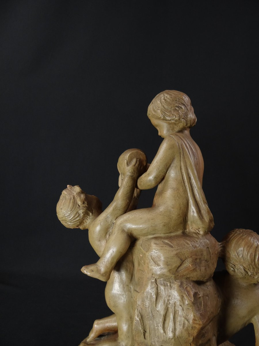 Groupe terre cuite patiné XIXème Putti jouant à la fontaine allégorie de l'eau-photo-3