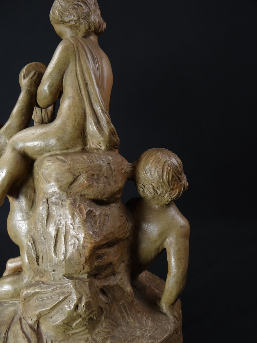 Groupe terre cuite patiné XIXème Putti jouant à la fontaine allégorie de l'eau-photo-4