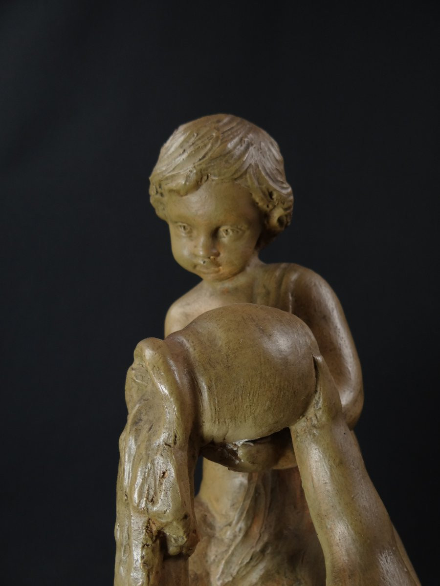 Groupe terre cuite patiné XIXème Putti jouant à la fontaine allégorie de l'eau-photo-6