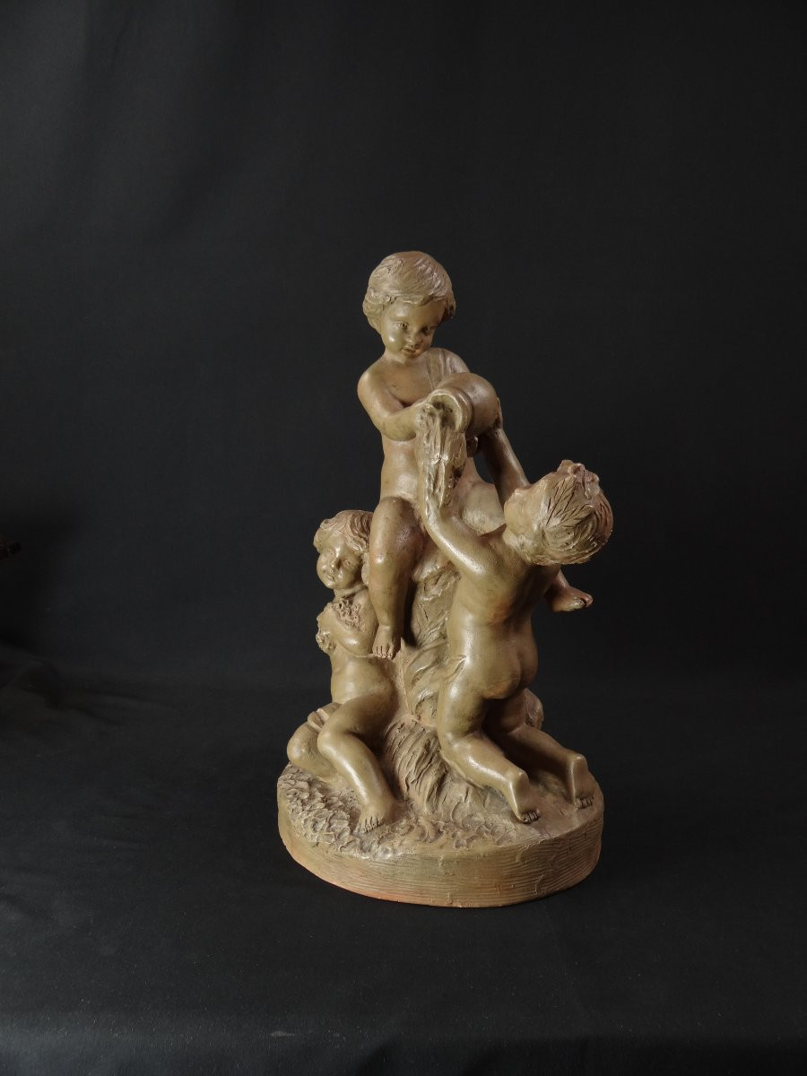 Groupe terre cuite patiné XIXème Putti jouant à la fontaine allégorie de l'eau-photo-7
