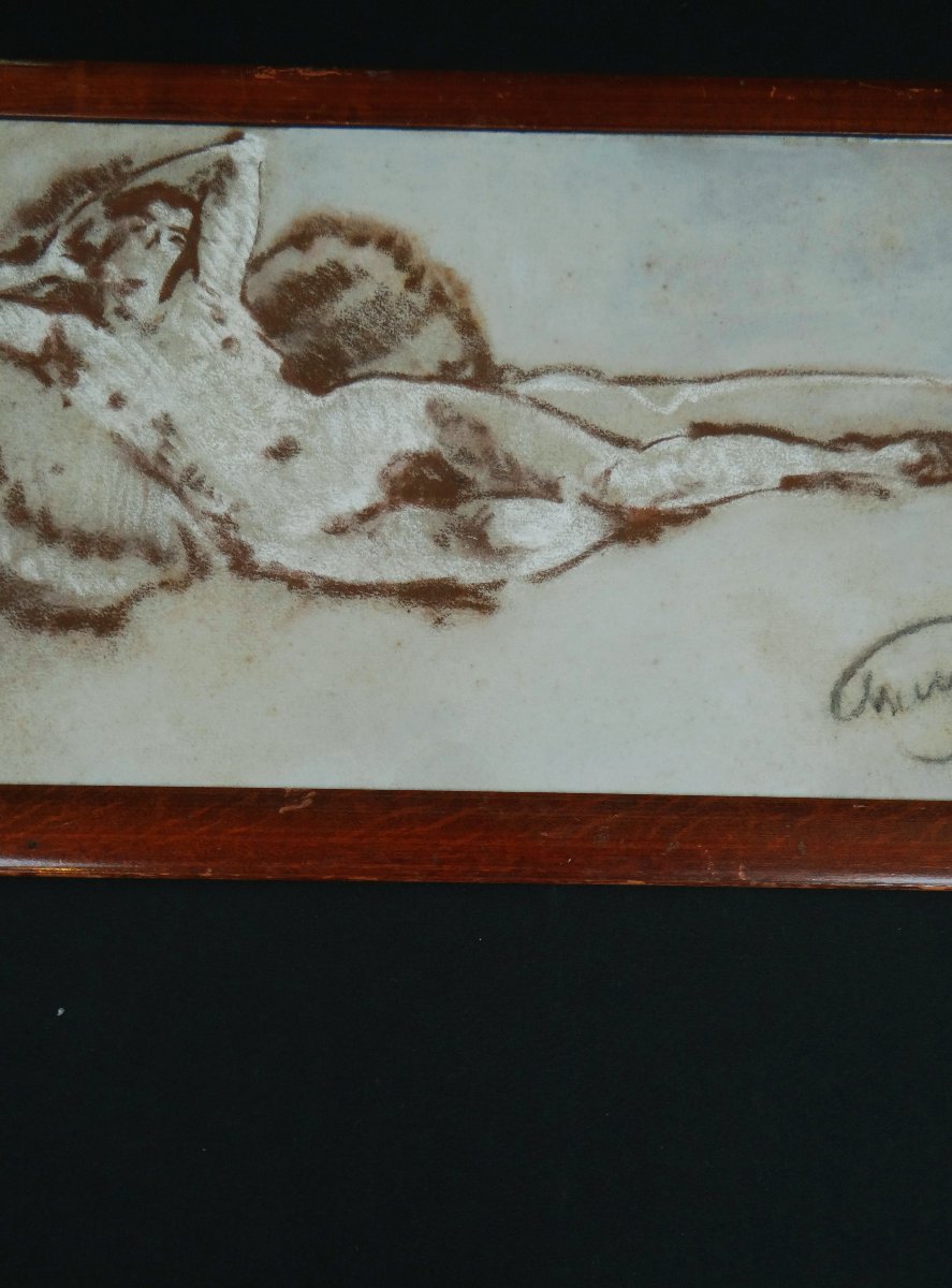 Charles Bichet (1863–1929) Reclining Female Nude In Sepia Charcoal, Framed-photo-2