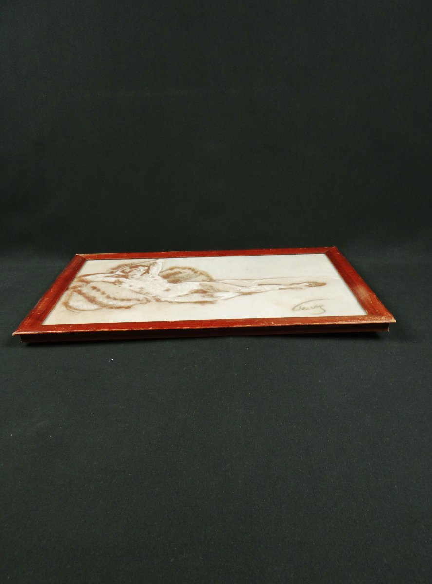 Charles Bichet (1863–1929) Reclining Female Nude In Sepia Charcoal, Framed-photo-4