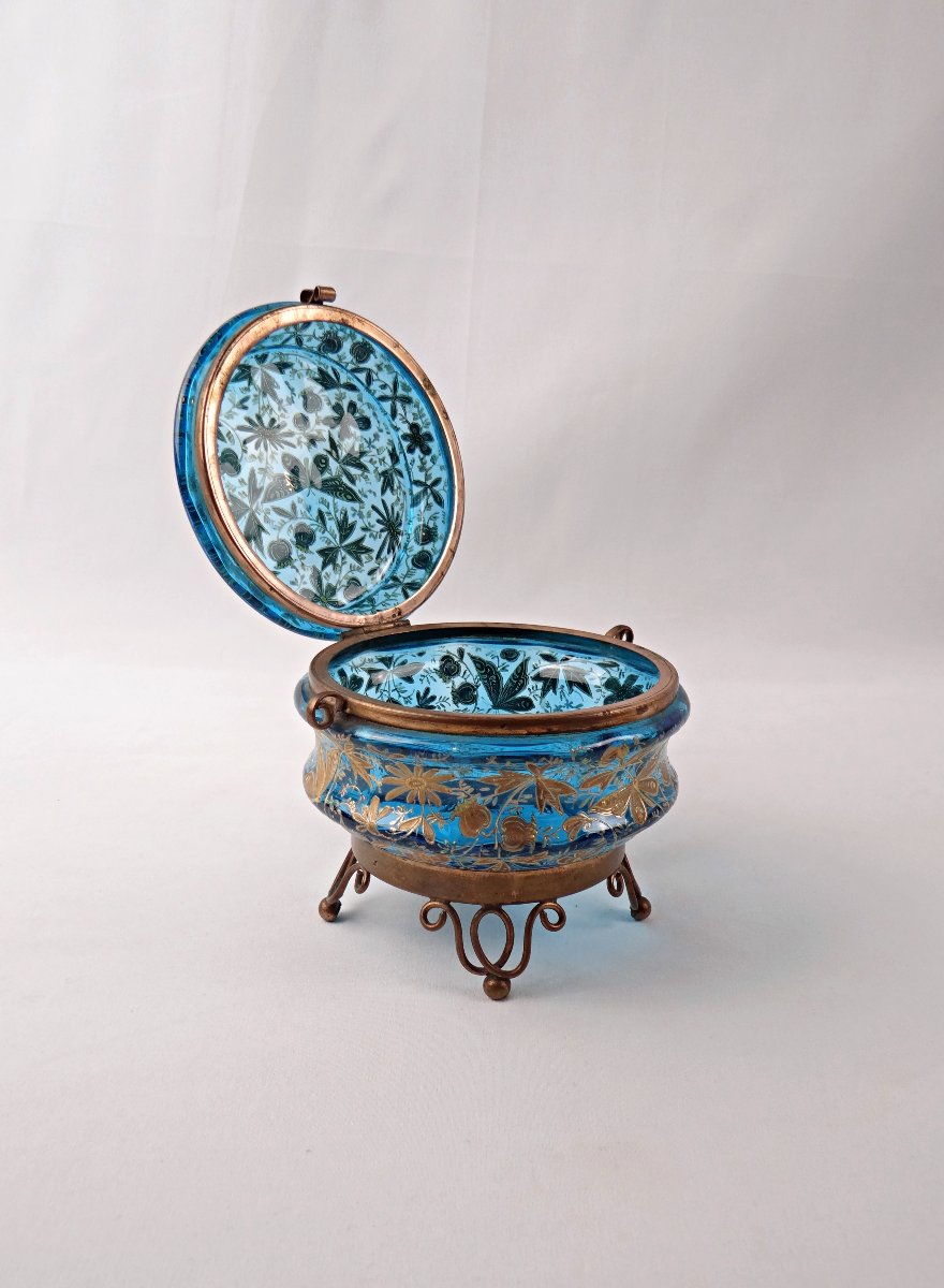 Art Nouveau Candy Dish Decorated With Butterflies, Brass, Painted Blue Glass, Late 19th Century-photo-2