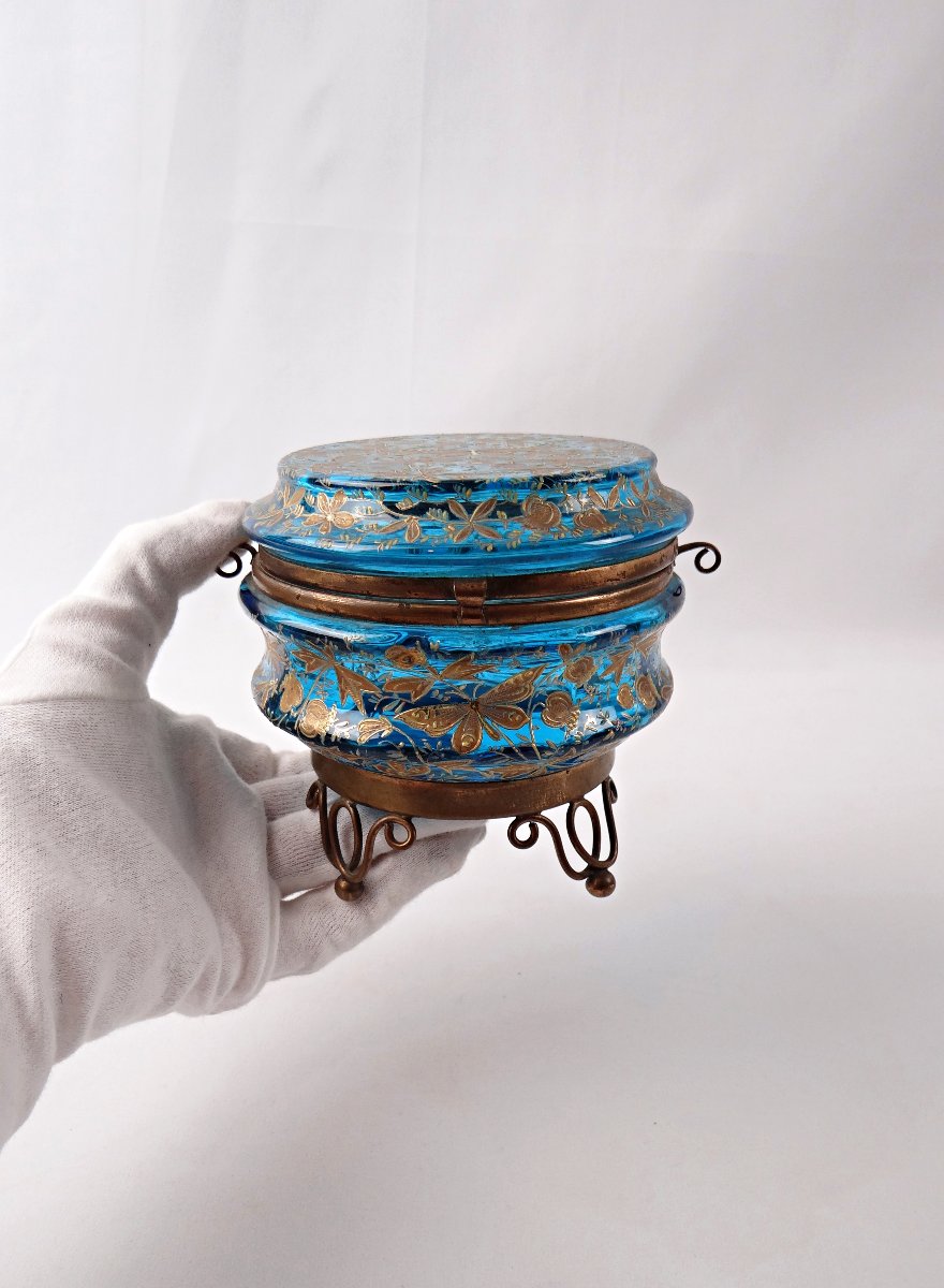 Art Nouveau Candy Dish Decorated With Butterflies, Brass, Painted Blue Glass, Late 19th Century-photo-4