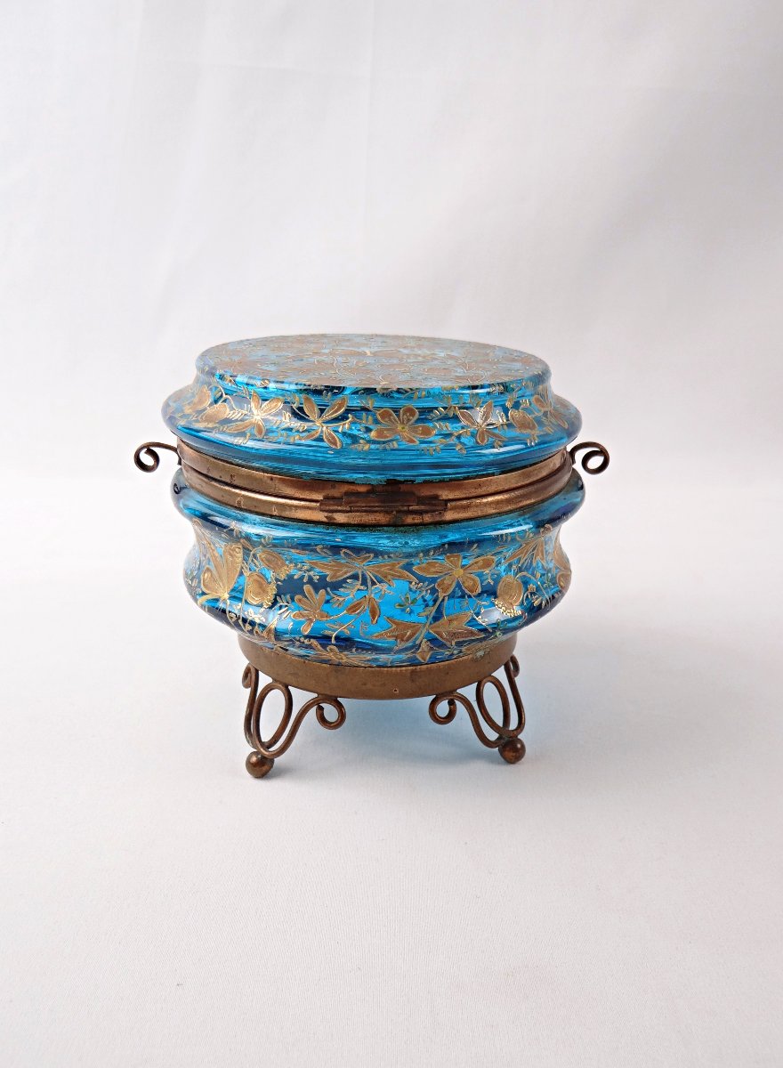 Art Nouveau Candy Dish Decorated With Butterflies, Brass, Painted Blue Glass, Late 19th Century-photo-4