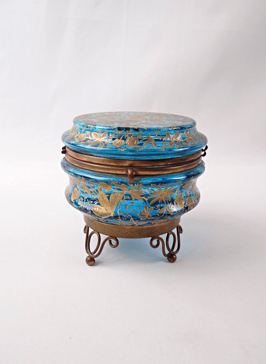 Art Nouveau Candy Dish Decorated With Butterflies, Brass, Painted Blue Glass, Late 19th Century-photo-5