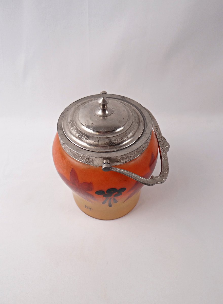 Legras-Montjoye Art Déco seau à biscuit en verre émaillé & peint orange & jaune-photo-2