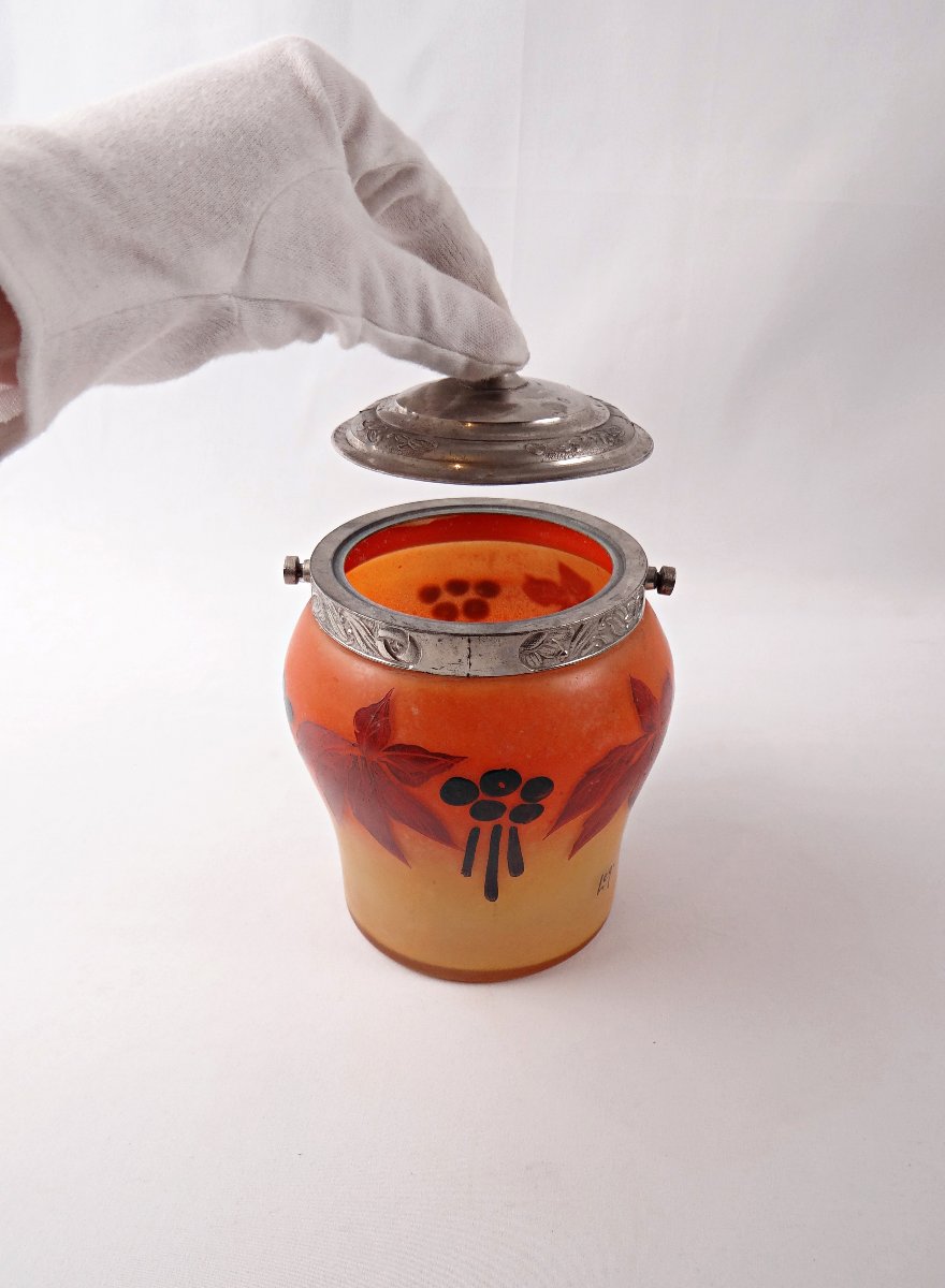 Legras-Montjoye Art Déco seau à biscuit en verre émaillé & peint orange & jaune-photo-4