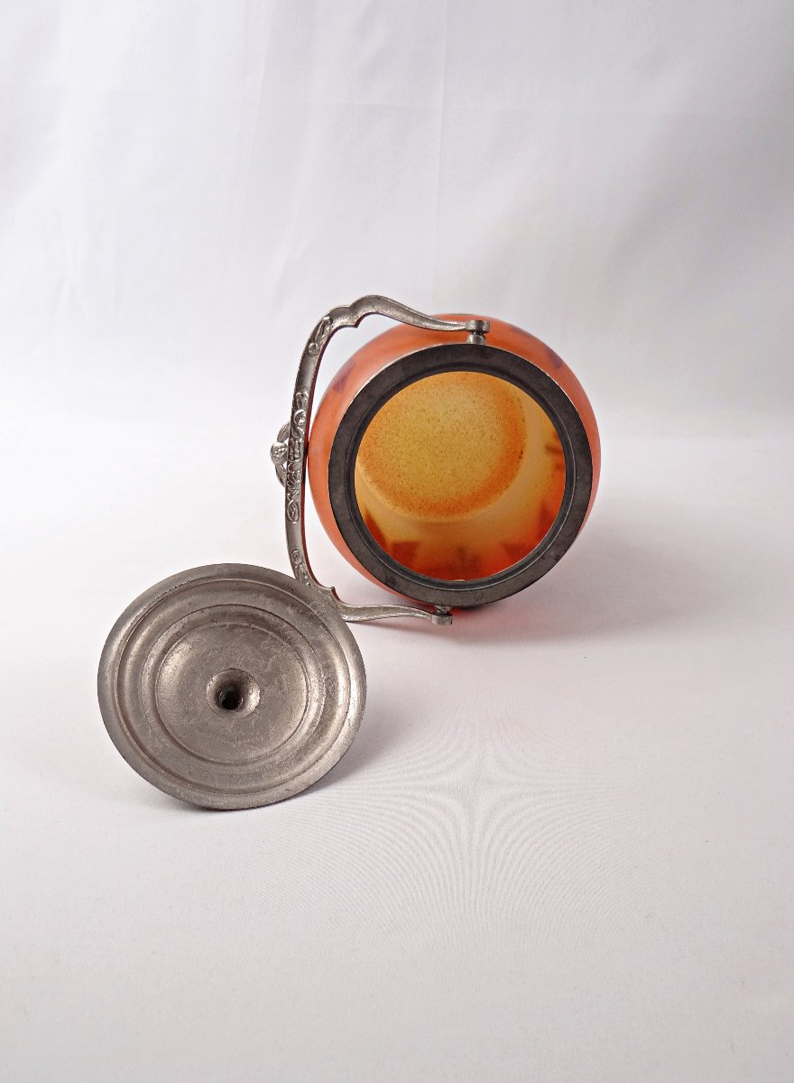 Legras-Montjoye Art Déco seau à biscuit en verre émaillé & peint orange & jaune-photo-1