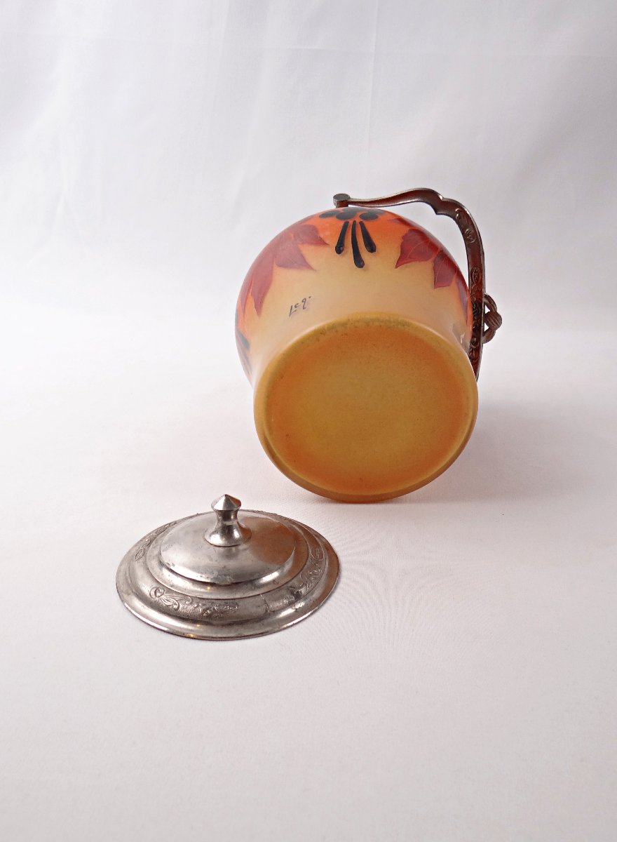 Legras-Montjoye Art Déco seau à biscuit en verre émaillé & peint orange & jaune-photo-2