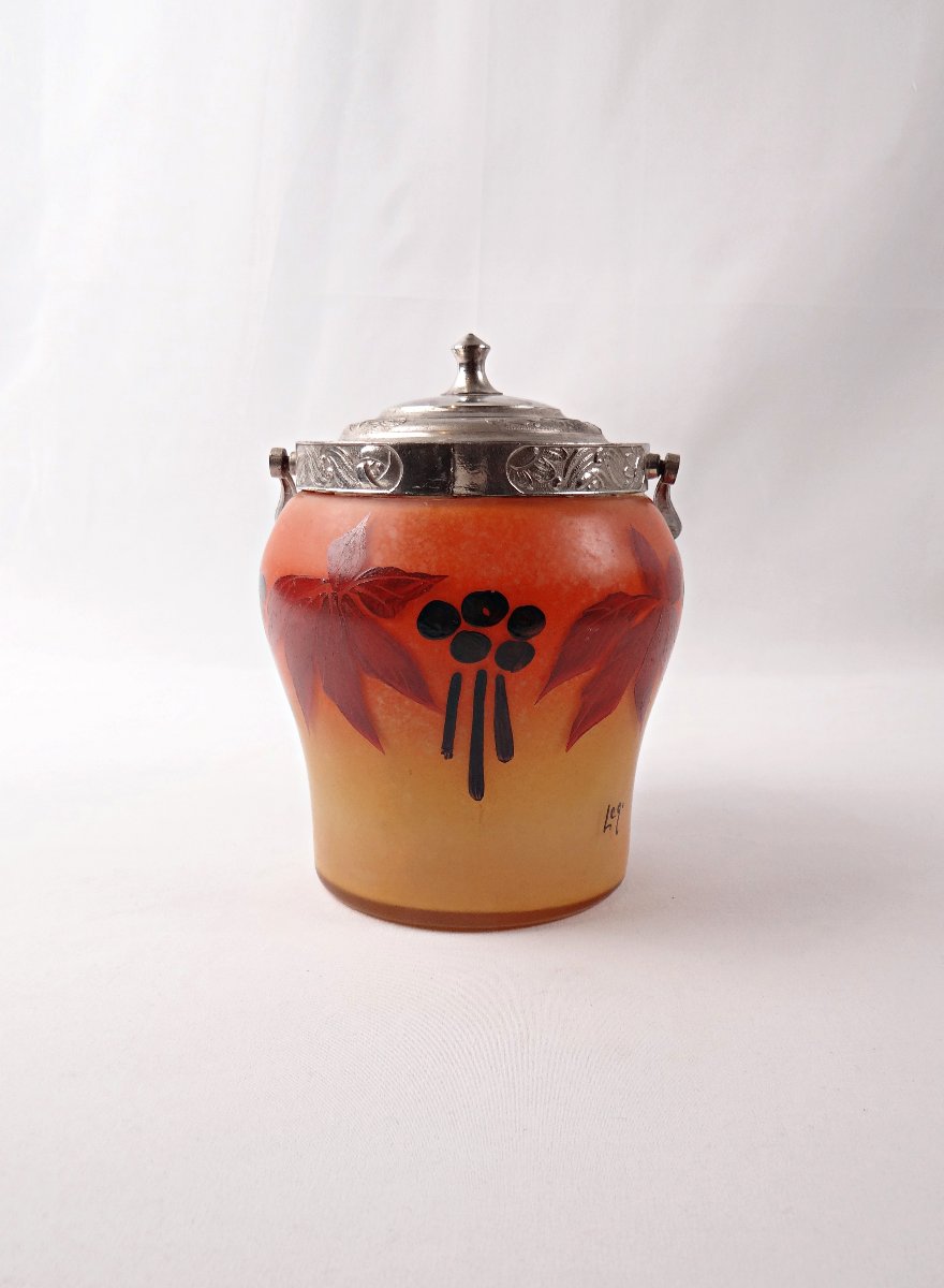 Legras-Montjoye Art Déco seau à biscuit en verre émaillé & peint orange & jaune-photo-3