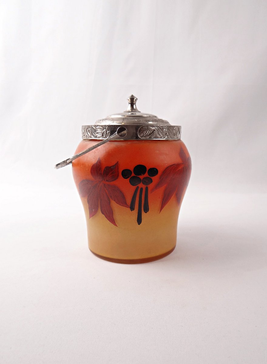 Legras-Montjoye Art Déco seau à biscuit en verre émaillé & peint orange & jaune-photo-4