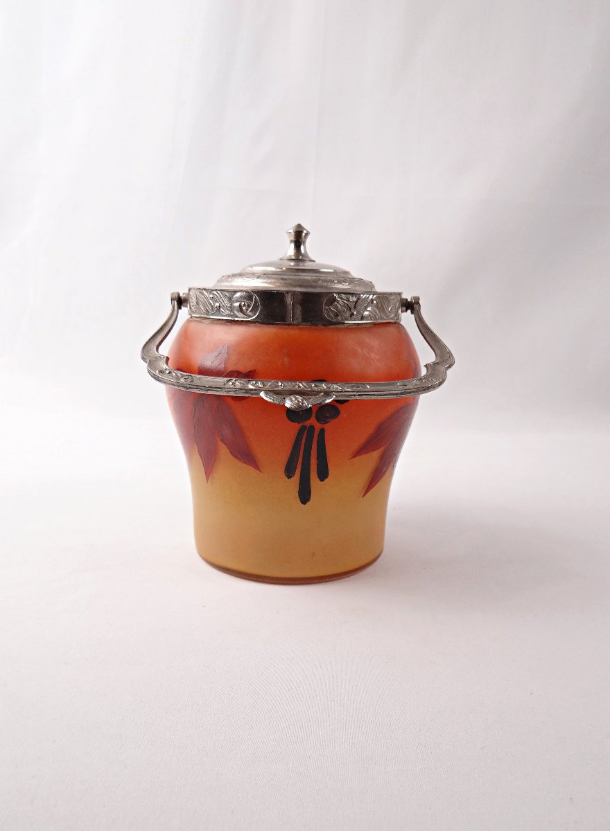 Legras-Montjoye Art Déco seau à biscuit en verre émaillé & peint orange & jaune-photo-5
