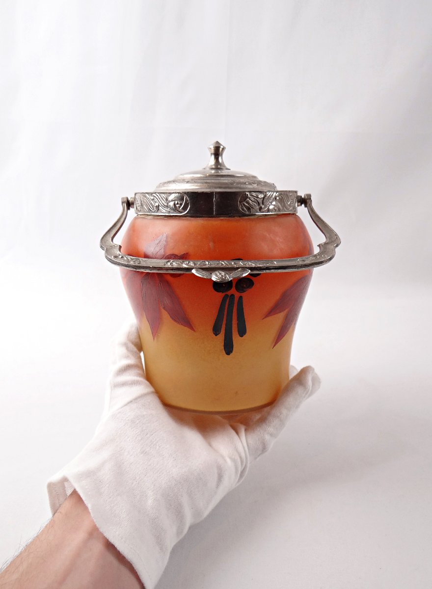 Legras-Montjoye Art Déco seau à biscuit en verre émaillé & peint orange & jaune-photo-6