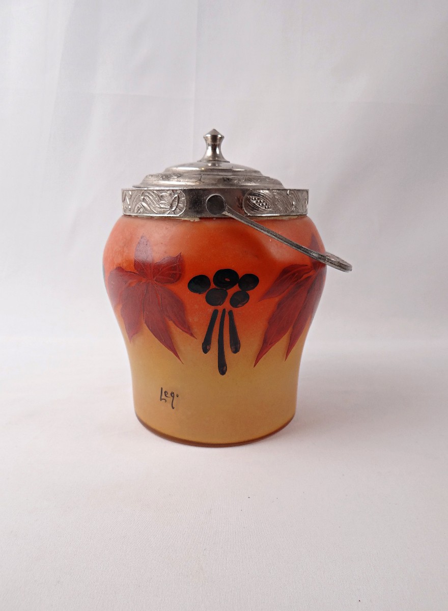Legras-Montjoye Art Déco seau à biscuit en verre émaillé & peint orange & jaune