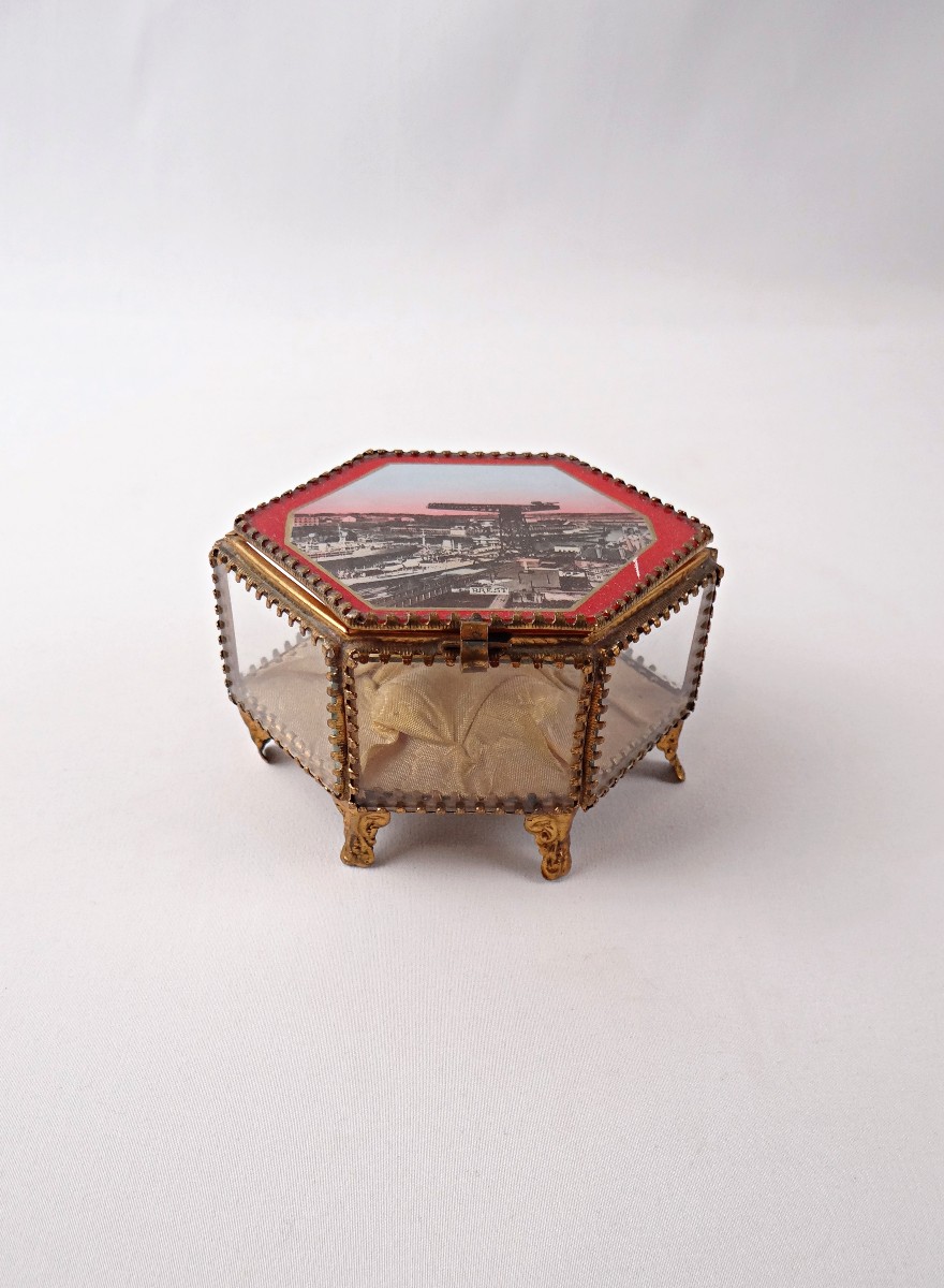 Boîte à bijoux souvenirs en verre & laiton de Brest, début XXème