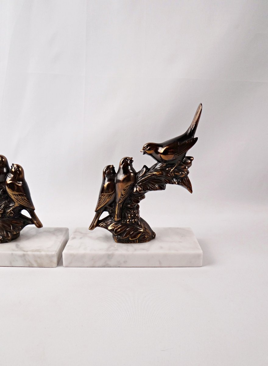 Pair Of Art Deco Bookends Of Perched Birds In Spelter And Marble, Signed Frécourt-photo-3