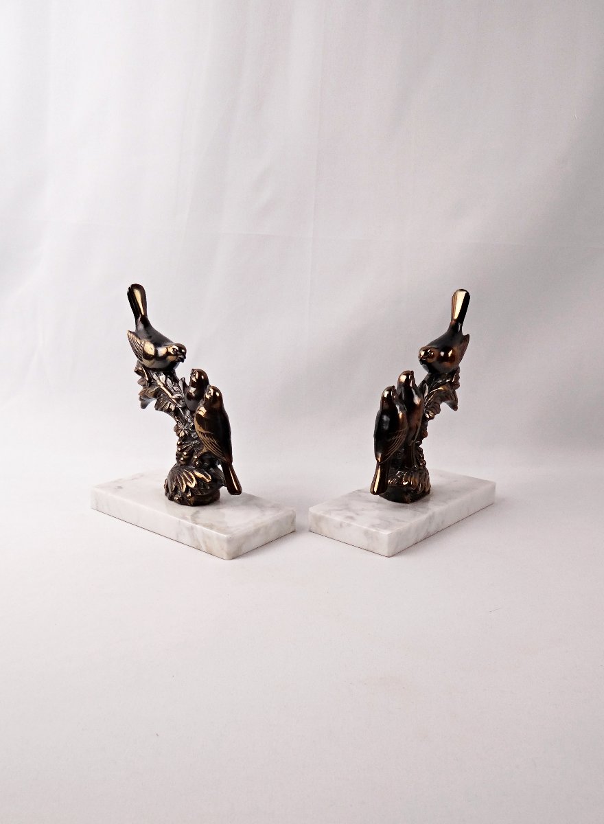 Pair Of Art Deco Bookends Of Perched Birds In Spelter And Marble, Signed Frécourt-photo-4