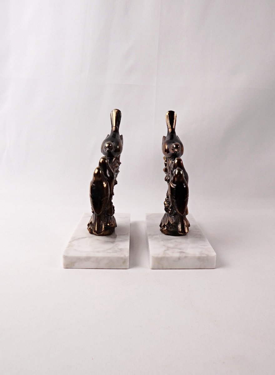 Pair Of Art Deco Bookends Of Perched Birds In Spelter And Marble, Signed Frécourt-photo-1
