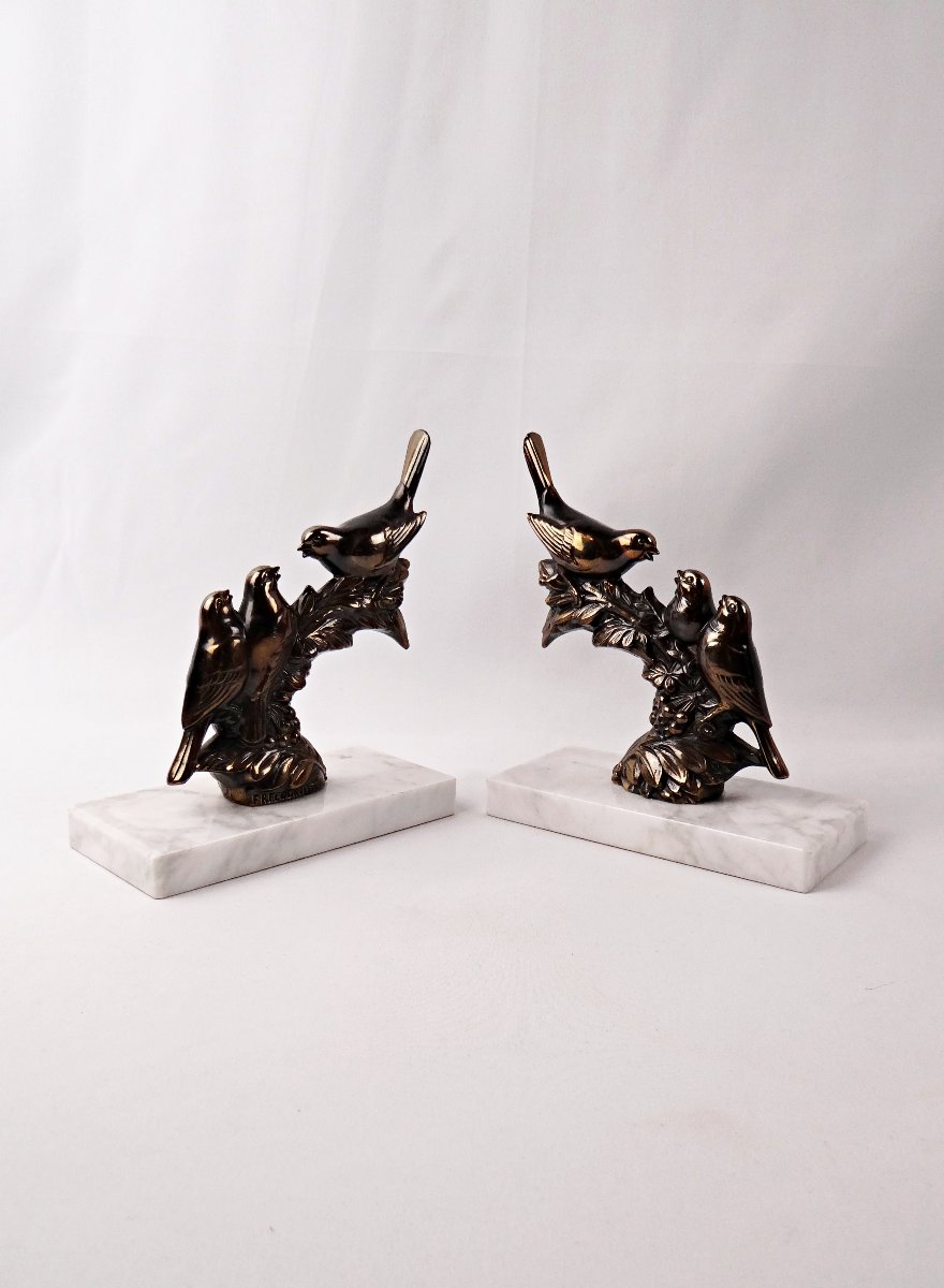 Pair Of Art Deco Bookends Of Perched Birds In Spelter And Marble, Signed Frécourt-photo-2