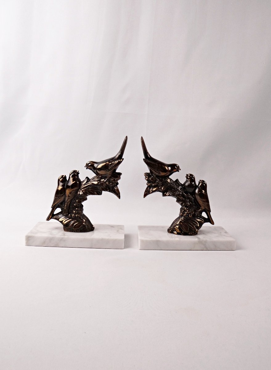 Pair Of Art Deco Bookends Of Perched Birds In Spelter And Marble, Signed Frécourt-photo-3