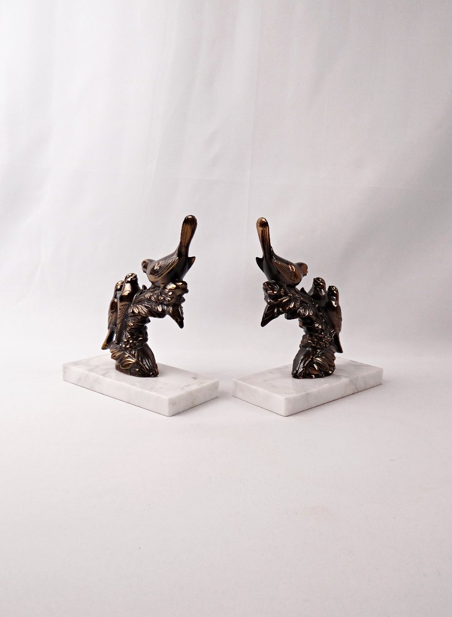 Pair Of Art Deco Bookends Of Perched Birds In Spelter And Marble, Signed Frécourt-photo-4