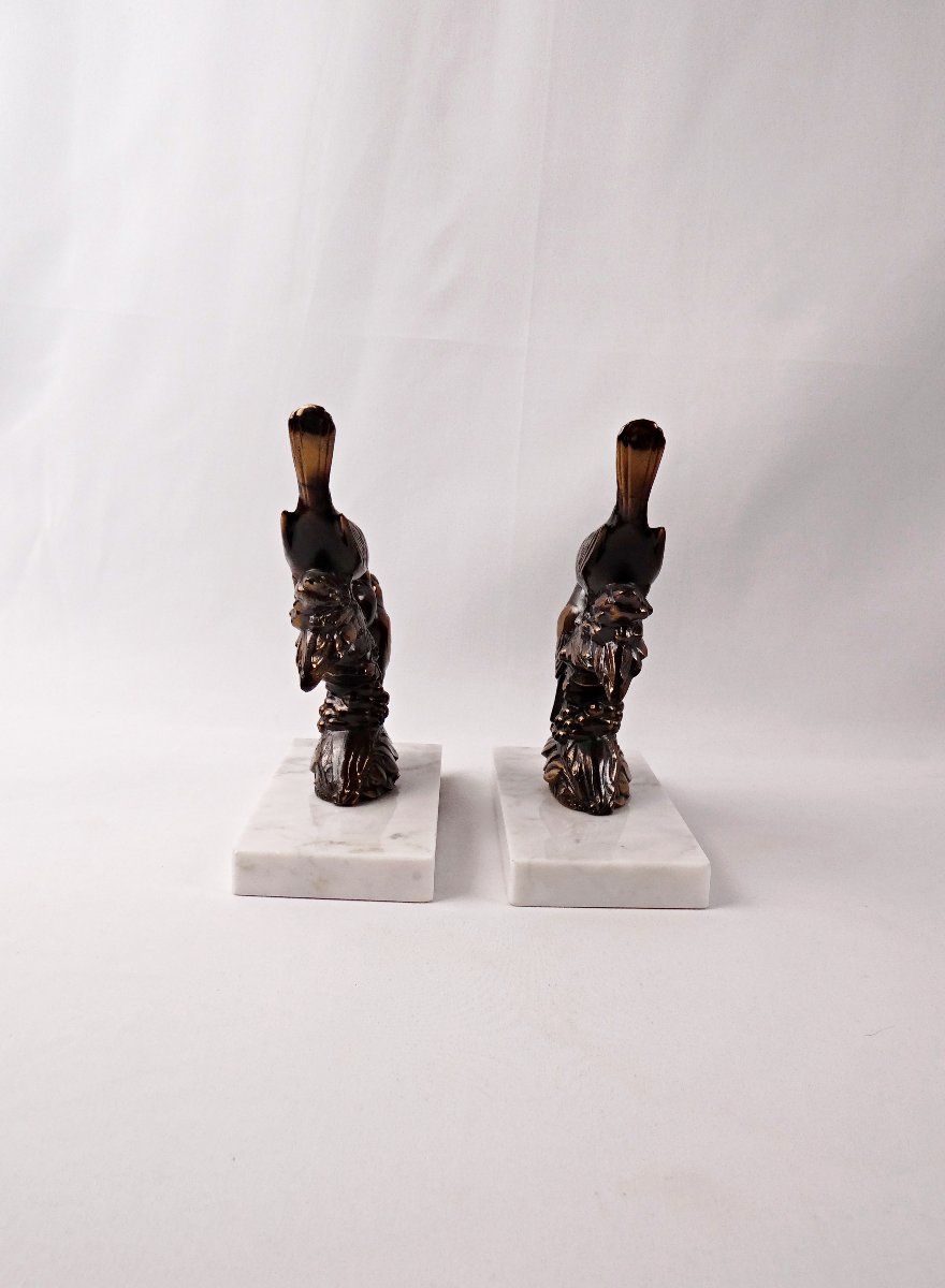 Pair Of Art Deco Bookends Of Perched Birds In Spelter And Marble, Signed Frécourt-photo-5