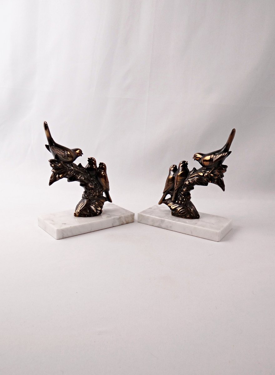 Pair Of Art Deco Bookends Of Perched Birds In Spelter And Marble, Signed Frécourt-photo-6