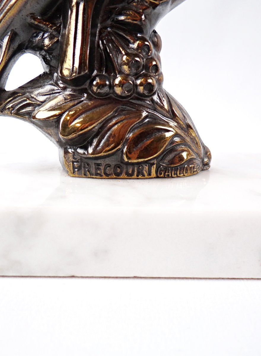 Pair Of Art Deco Bookends Of Perched Birds In Spelter And Marble, Signed Frécourt-photo-7
