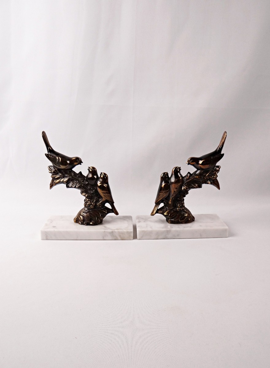 Pair Of Art Deco Bookends Of Perched Birds In Spelter And Marble, Signed Frécourt