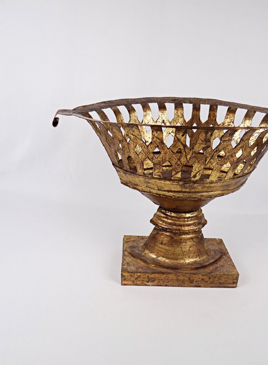 Grand panier à compote en métal doré Médicis néoclassique style Empire XIXème siècle-photo-2