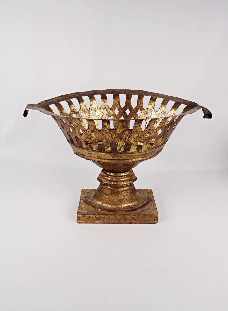 Grand panier à compote en métal doré Médicis néoclassique style Empire XIXème siècle-photo-4