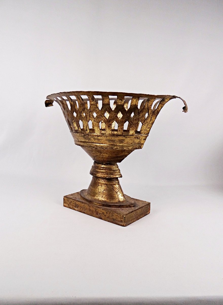 Grand panier à compote en métal doré Médicis néoclassique style Empire XIXème siècle-photo-1