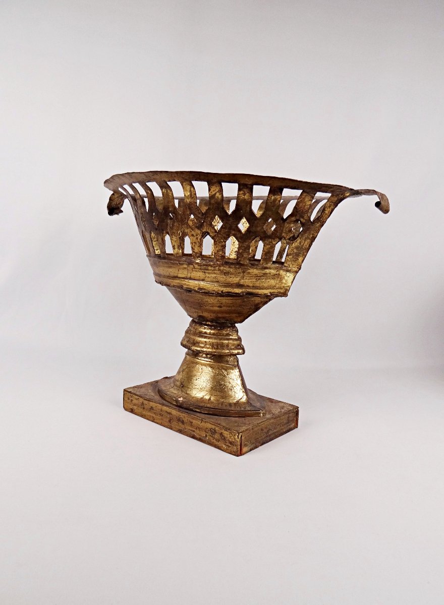 Grand panier à compote en métal doré Médicis néoclassique style Empire XIXème siècle-photo-4