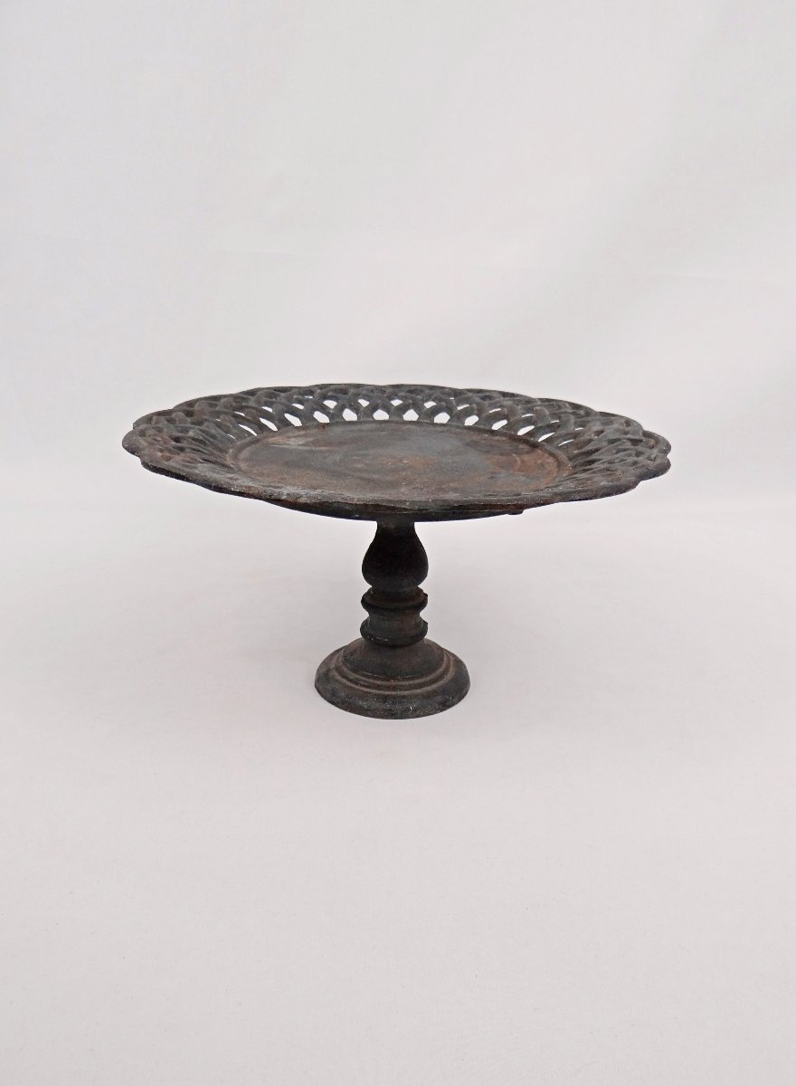 Compotier ajouré en fer patiné ou présentoir de table extérieur fin XIXème-photo-2