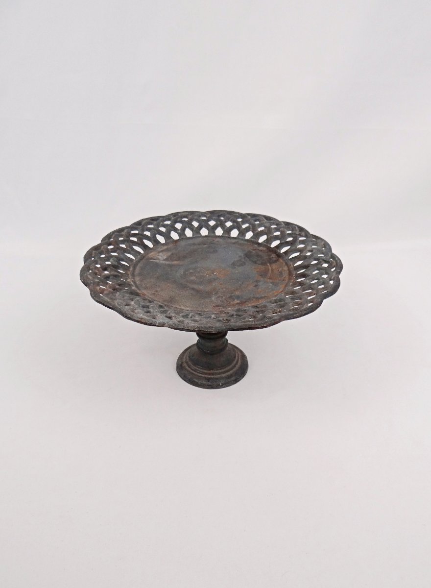 Compotier ajouré en fer patiné ou présentoir de table extérieur fin XIXème-photo-3