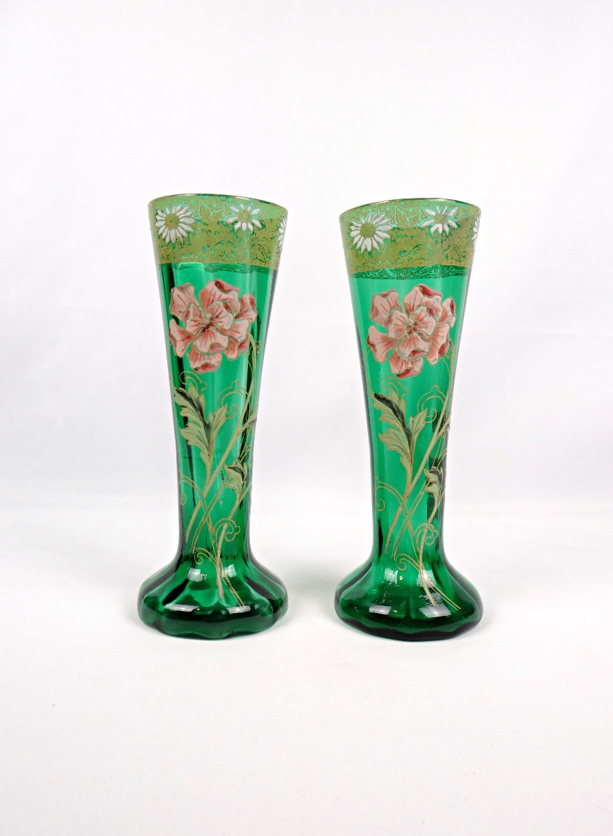 Pair Of Legras Art Nouveau Vases, Emerald Glass, Hand-painted Carnation Decoration, Early 20th Century