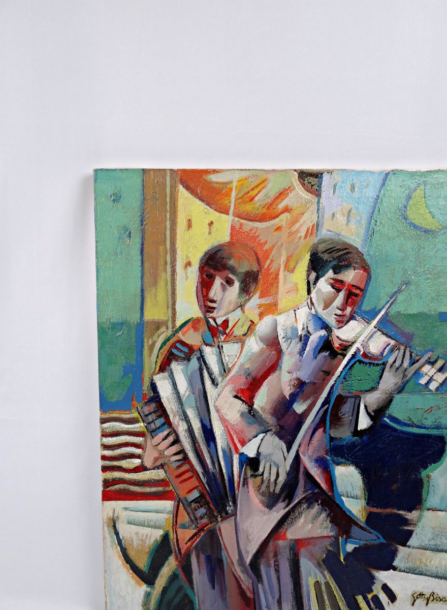 Getty Bisagni (1931-2021) The Musicians Oil On Canvas 55x46 Cubist Expressionist Modern-photo-2
