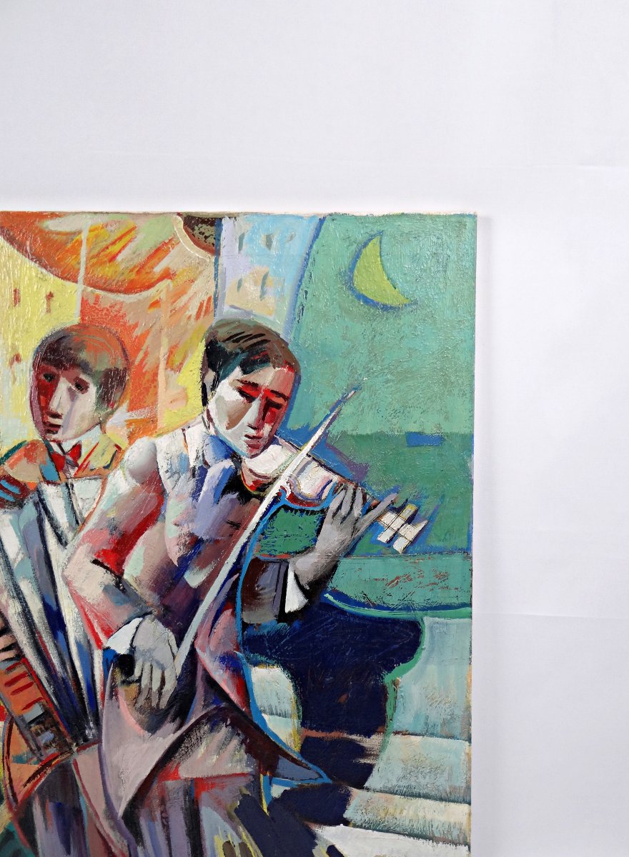 Getty Bisagni (1931-2021) The Musicians Oil On Canvas 55x46 Cubist Expressionist Modern-photo-3