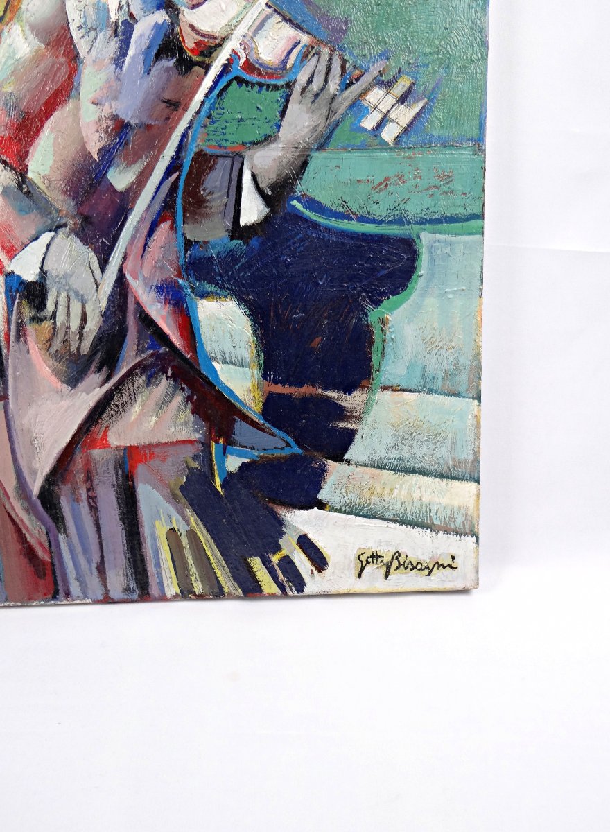 Getty Bisagni (1931-2021) The Musicians Oil On Canvas 55x46 Cubist Expressionist Modern-photo-1