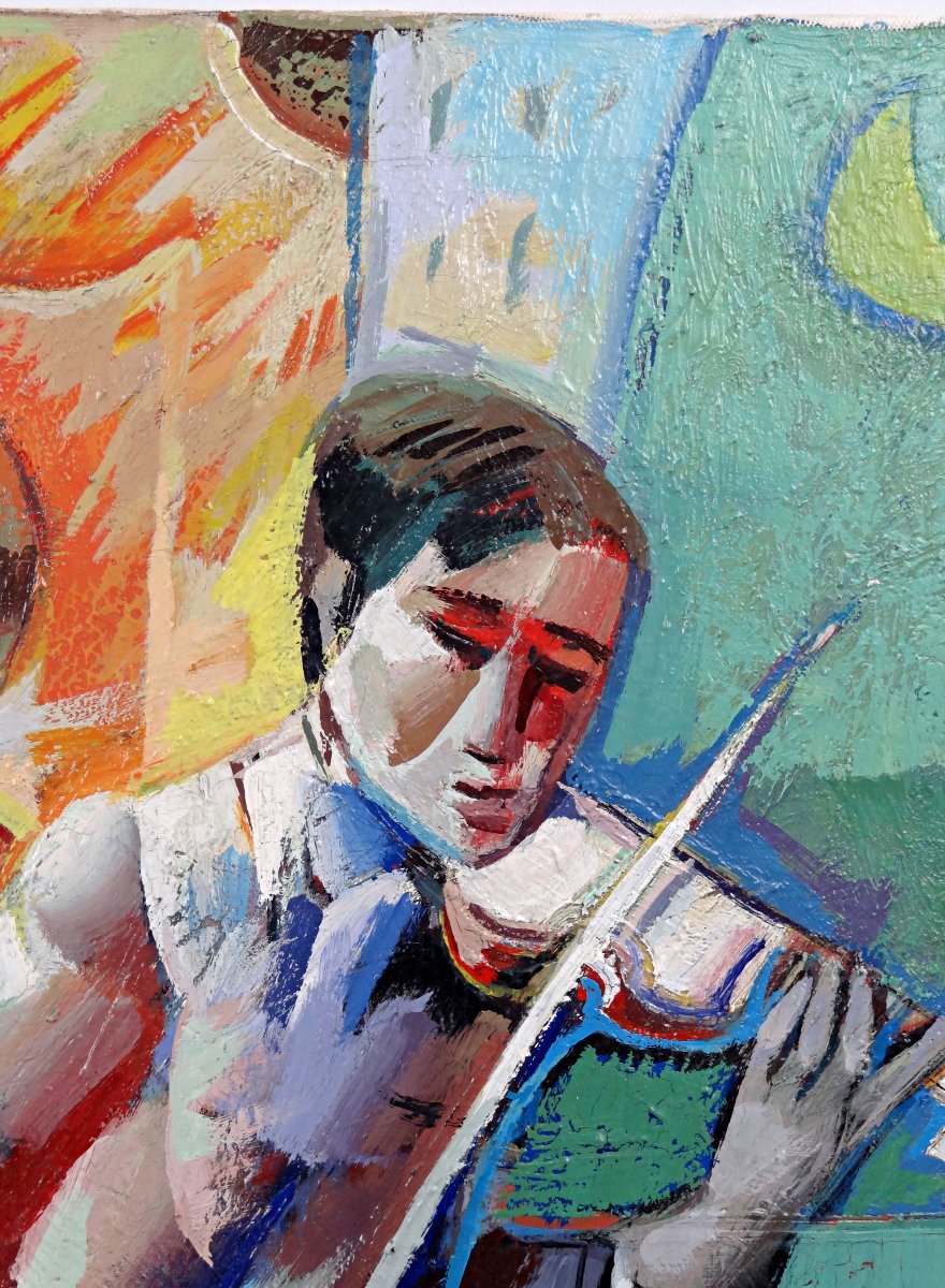 Getty Bisagni (1931-2021) The Musicians Oil On Canvas 55x46 Cubist Expressionist Modern-photo-4