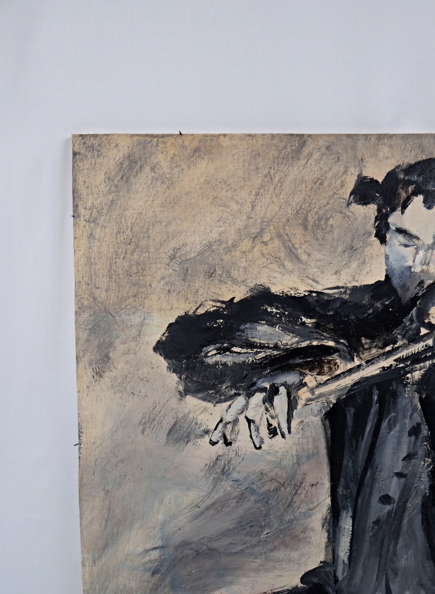 The Violinist's Passion, Oil On Canvas, Expressionist Style, 61x50 Cm, Signed Guettier-photo-2